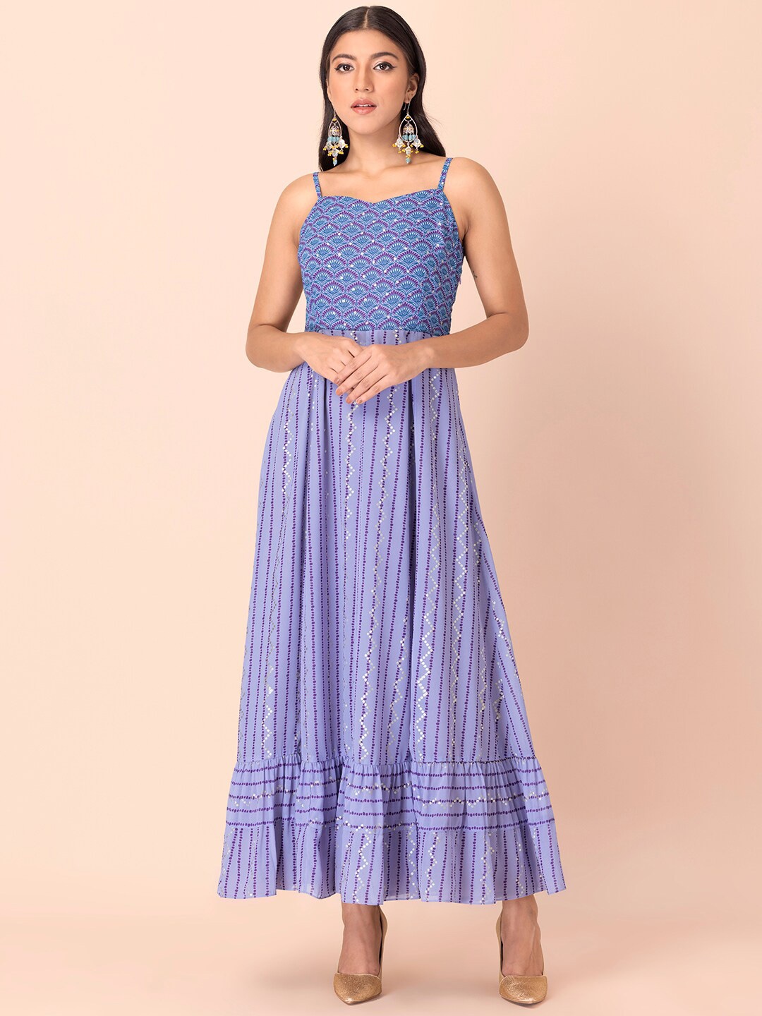 

INDYA Purple Ethnic Motifs Printed Georgette Ruffled Strappy Maxi Dress