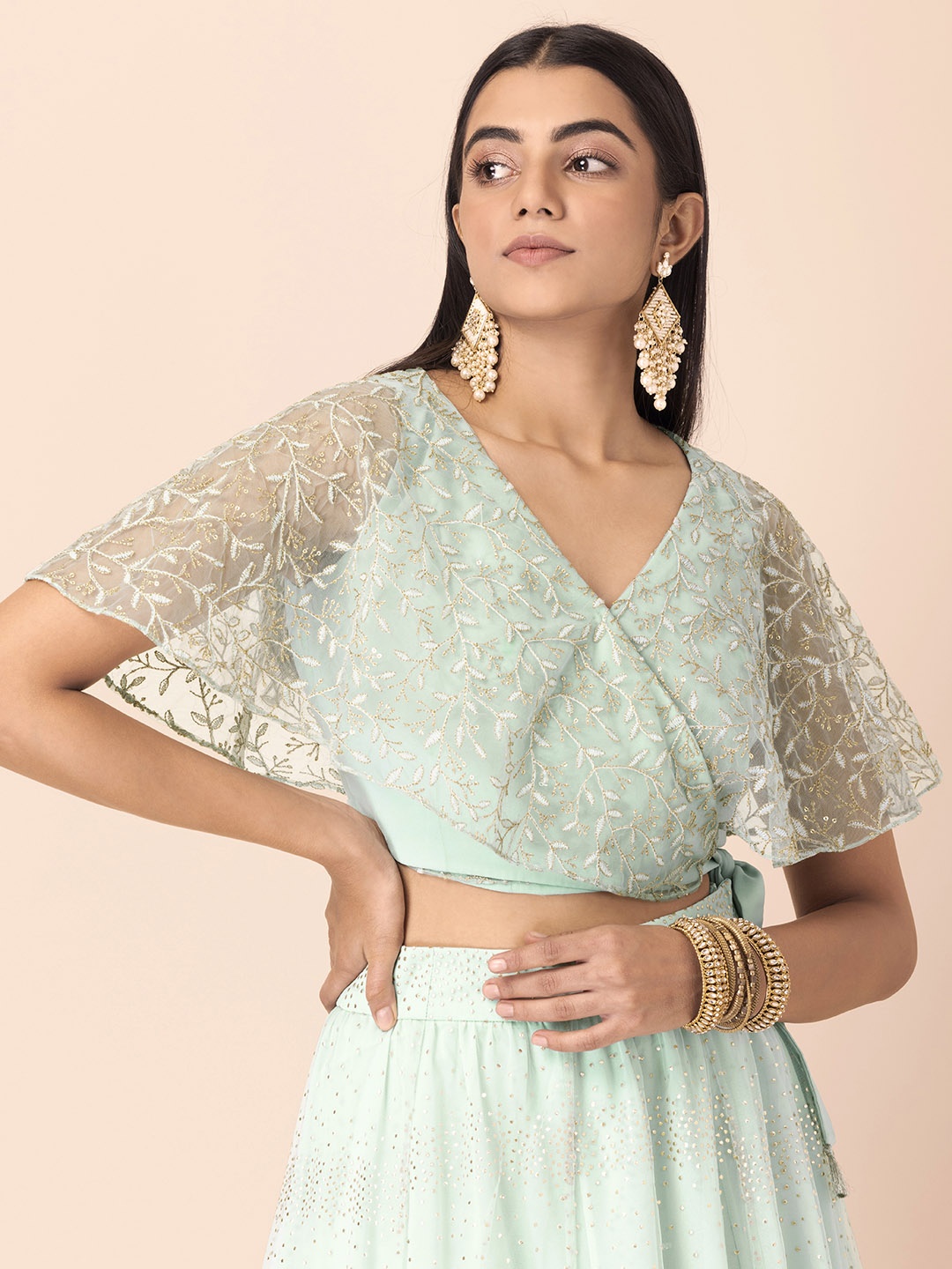 

INDYA Shraddha Kapoor Green Floral Wrap Crop Top
