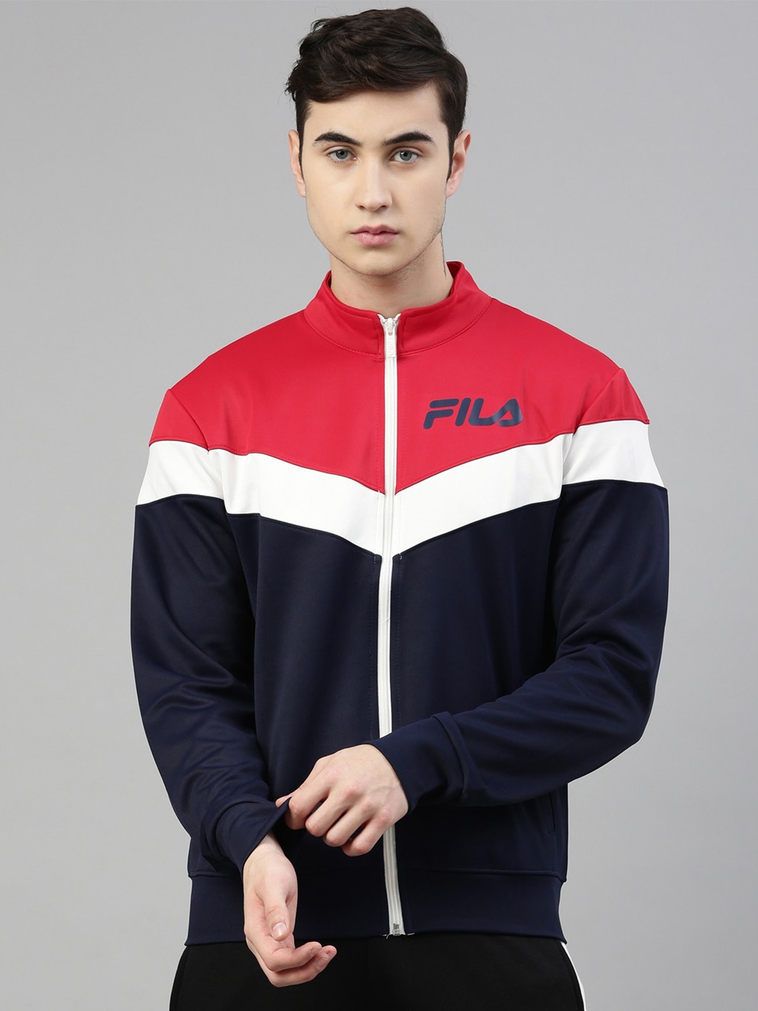 

FILA Men Red & Navy Blue Colourblocked Sweatshirt