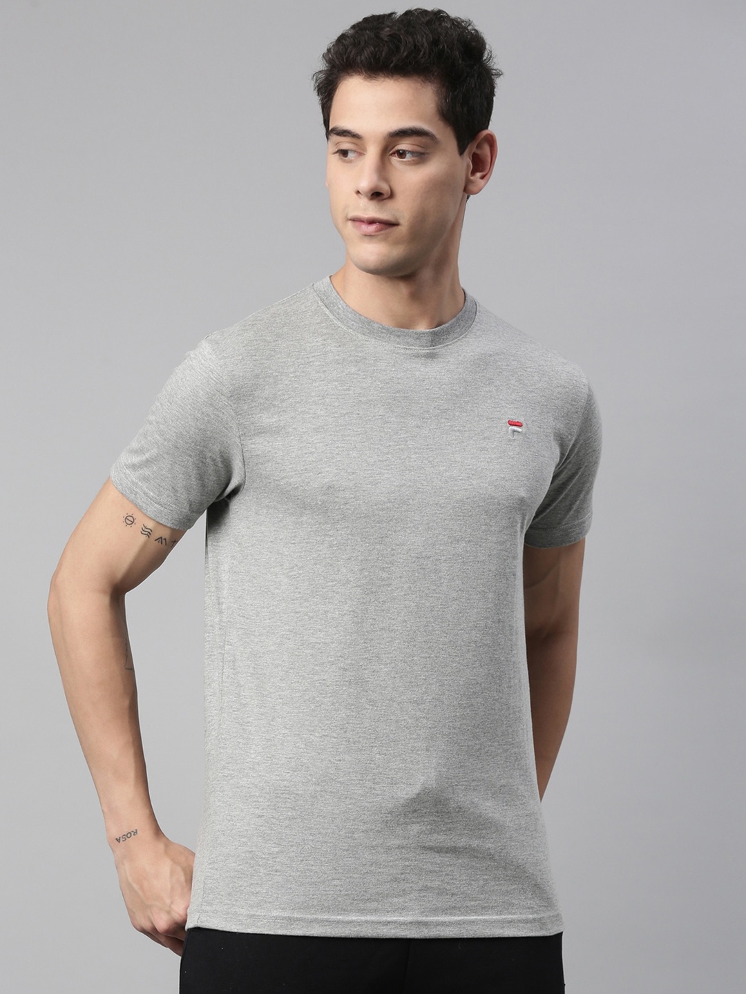 

FILA Men Grey Melange Solid Running T-shirt