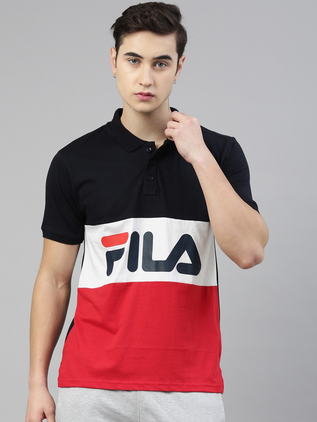 

FILA Men Navy Blue & Red Brand Logo Printed Polo Collar Running T-shirt