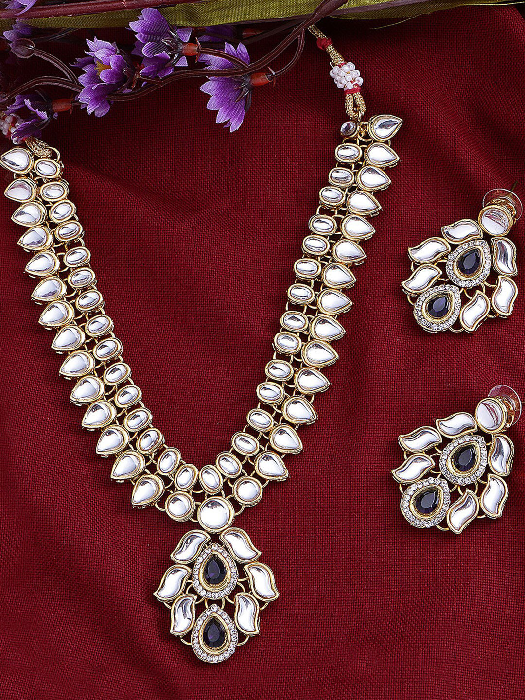 

LIVE EVIL Gold-Plated White & Black Kundan Studded Jewellery Set