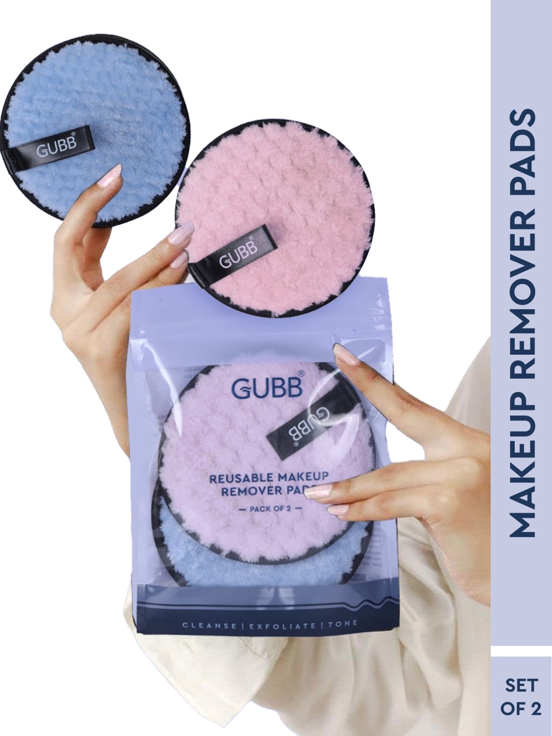 

GUBB Set of 2 Facial Cotton Pads for Face Makeup Remover Wipes- Purple & Blue