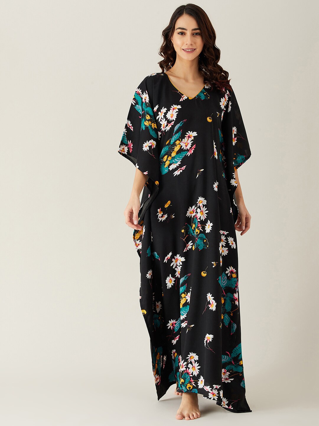 

The Kaftan Company Black Printed Kaftan Crepe Maxi Nightdress