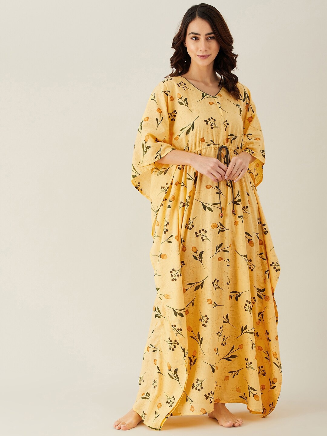 

The Kaftan Company Yellow Printed Pure Cotton Kaftan Maxi Nightdress