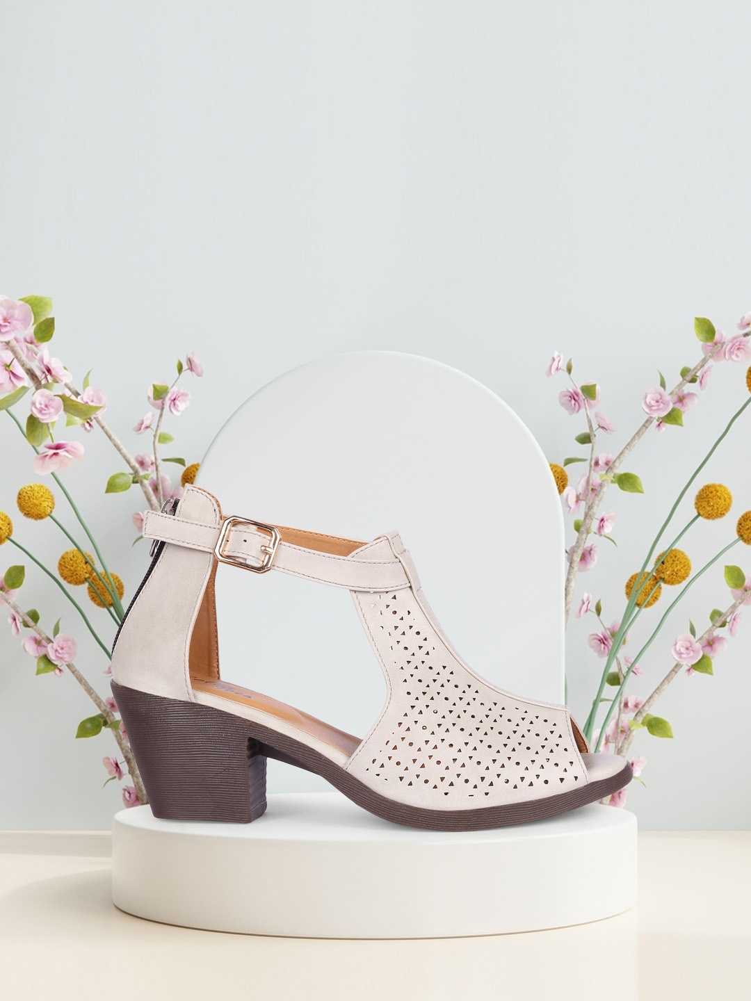 

Bella Toes Cream-Coloured Embellished Work Block Sandals with Laser Cuts
