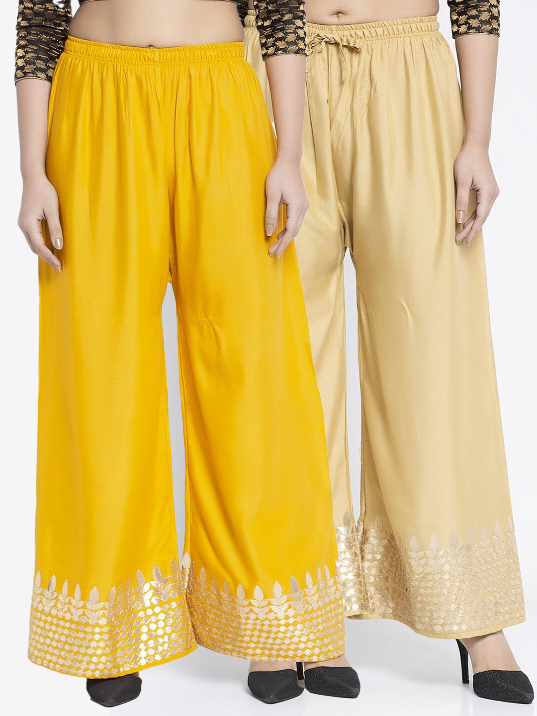 

GRACIT Women Pack Of 2 Ethnic Motifs Embellished Flared Ethnic Palazzos, Yellow