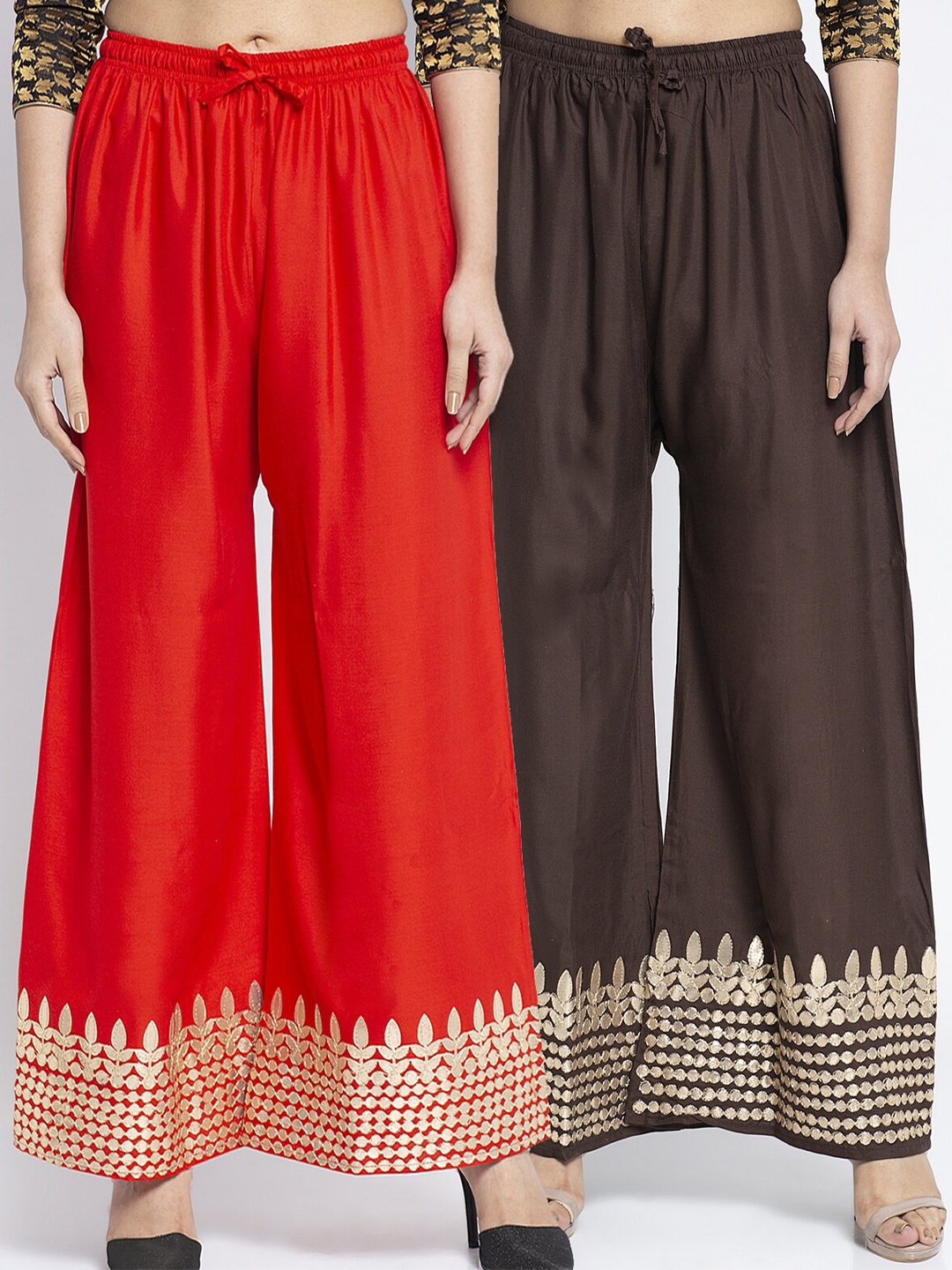 

GRACIT Women Pack of 2 Printed Flared Knitted Ethnic Palazzos, Red