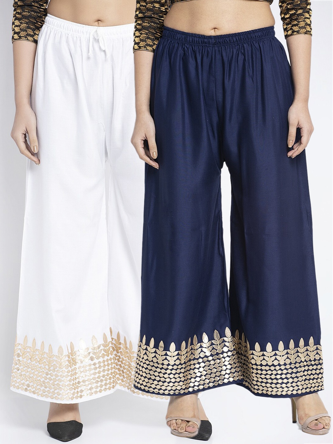 

GRACIT Set Of 2 White & Navy Blue Printed Flared Palazzos