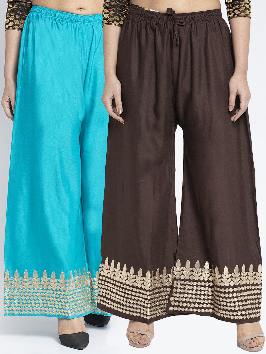 

GRACIT Women Pack Of 2 Brown & Blue Ethnic Motifs Embroidered Flared Knitted Palazzos