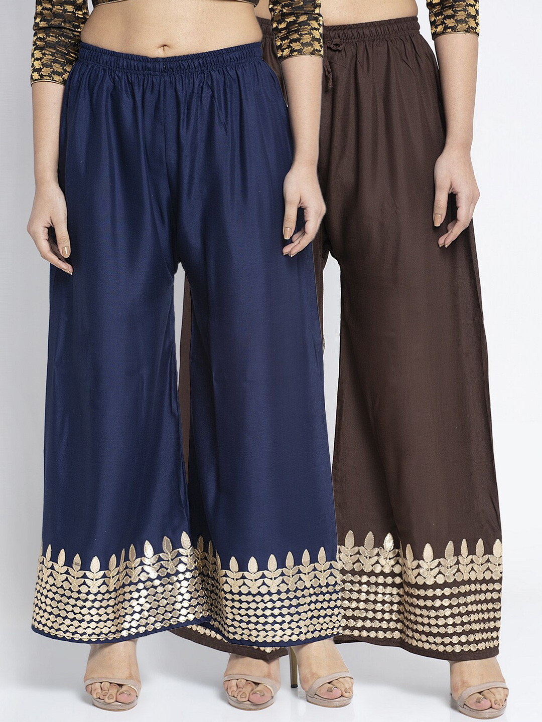 

GRACIT Set Of 2 Navy Blue & Brown Printed Flared Palazzos