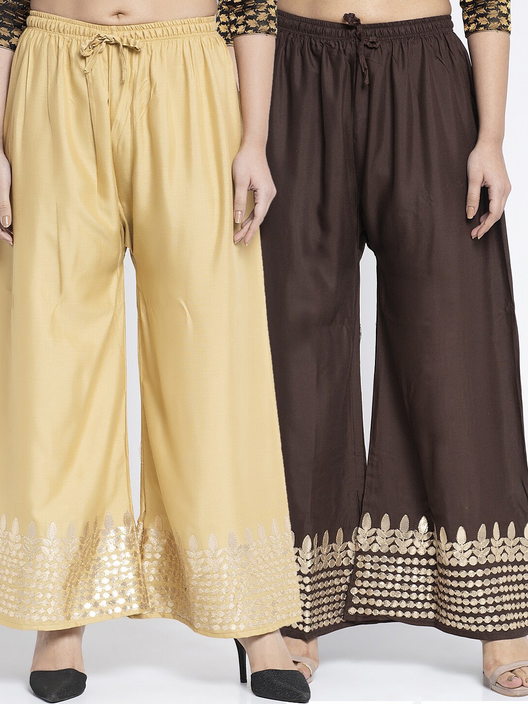 

GRACIT Women Pack of 2 Printed Flared Knitted Palazzos, Beige