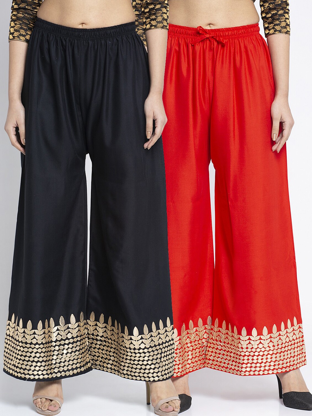 

GRACIT Women Pack Of 2 Black & Red Embroidered Flared Knitted Palazzos