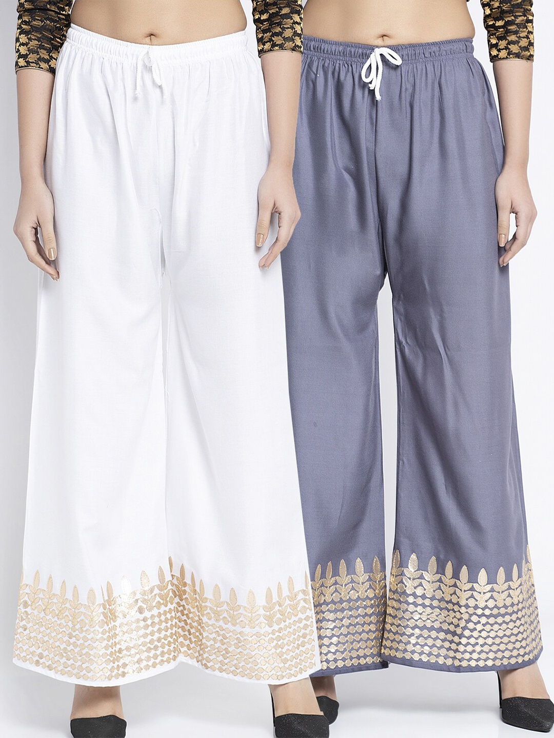 

GRACIT Women Pack Of 2 White & Grey Floral Printed Flared Ethnic Palazzos