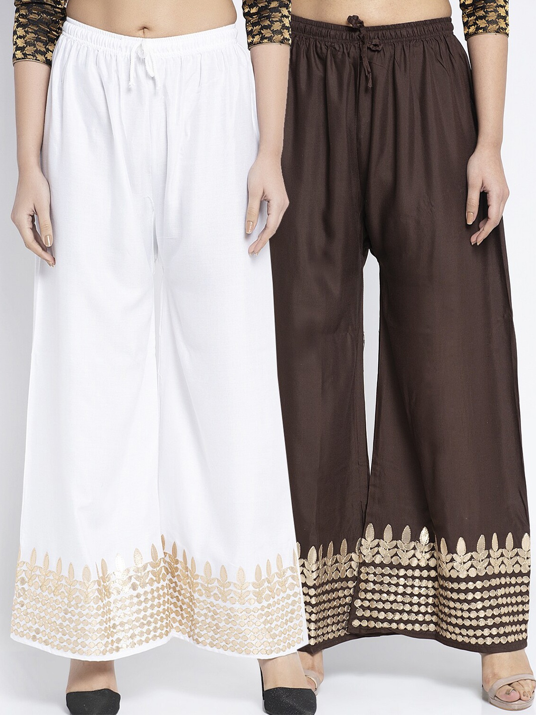 

GRACIT Women Pack Of 2 Ethnic Motifs Embellished Flared Ethnic Palazzos, White