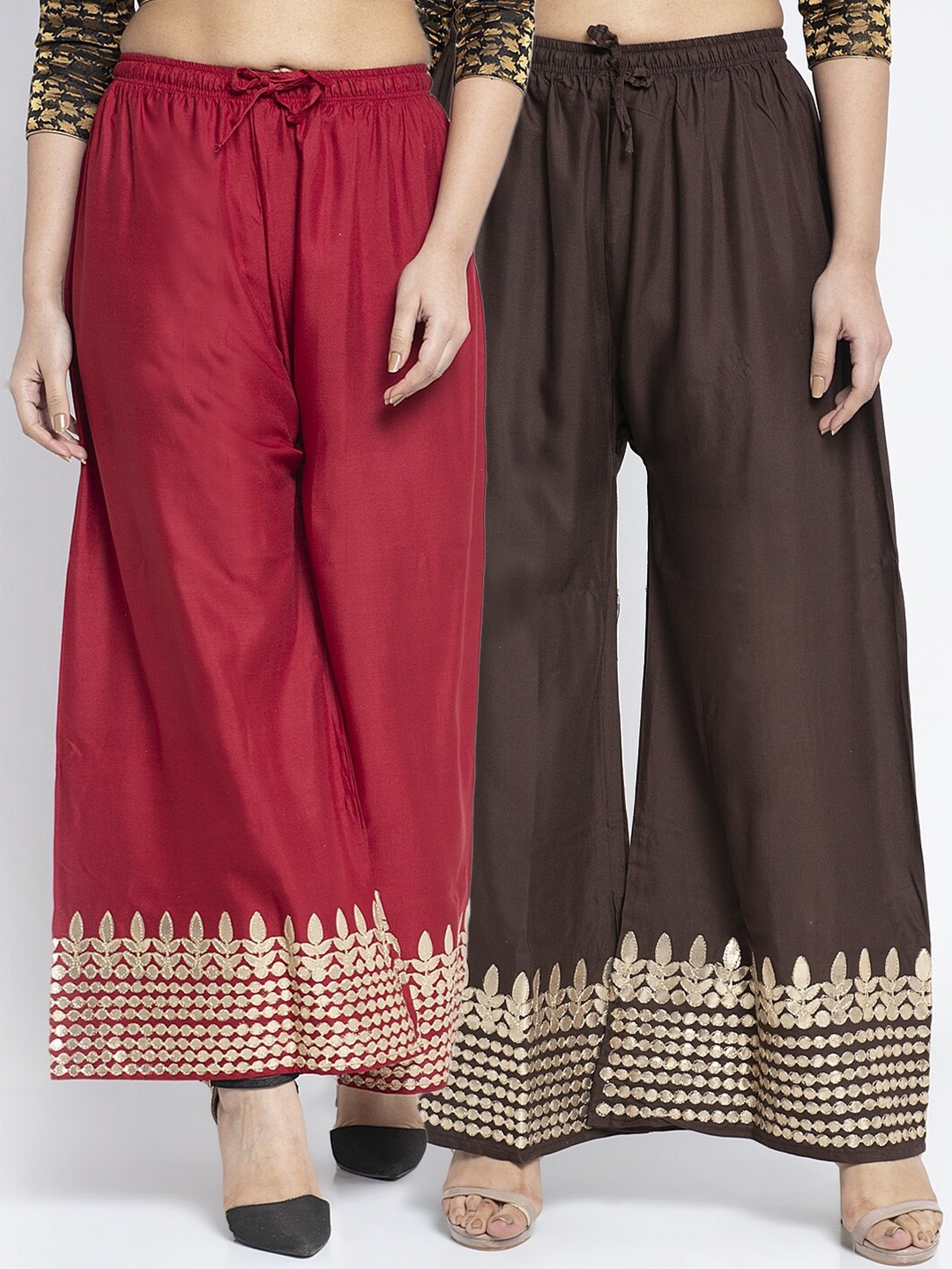 

GRACIT Set Of 2 Maroon & Brown Printed Flared Palazzos