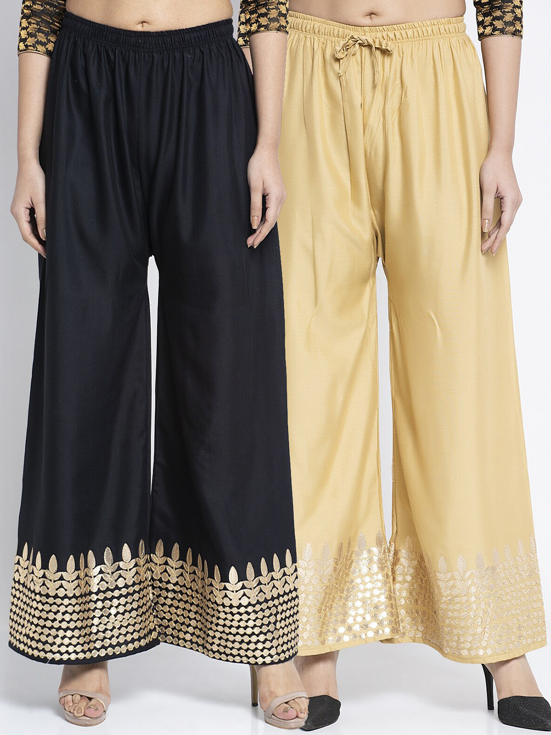 

GRACIT Women Pack of 2 Black & Beige Ethnic Motifs Embroidered Flared Knitted Palazzos