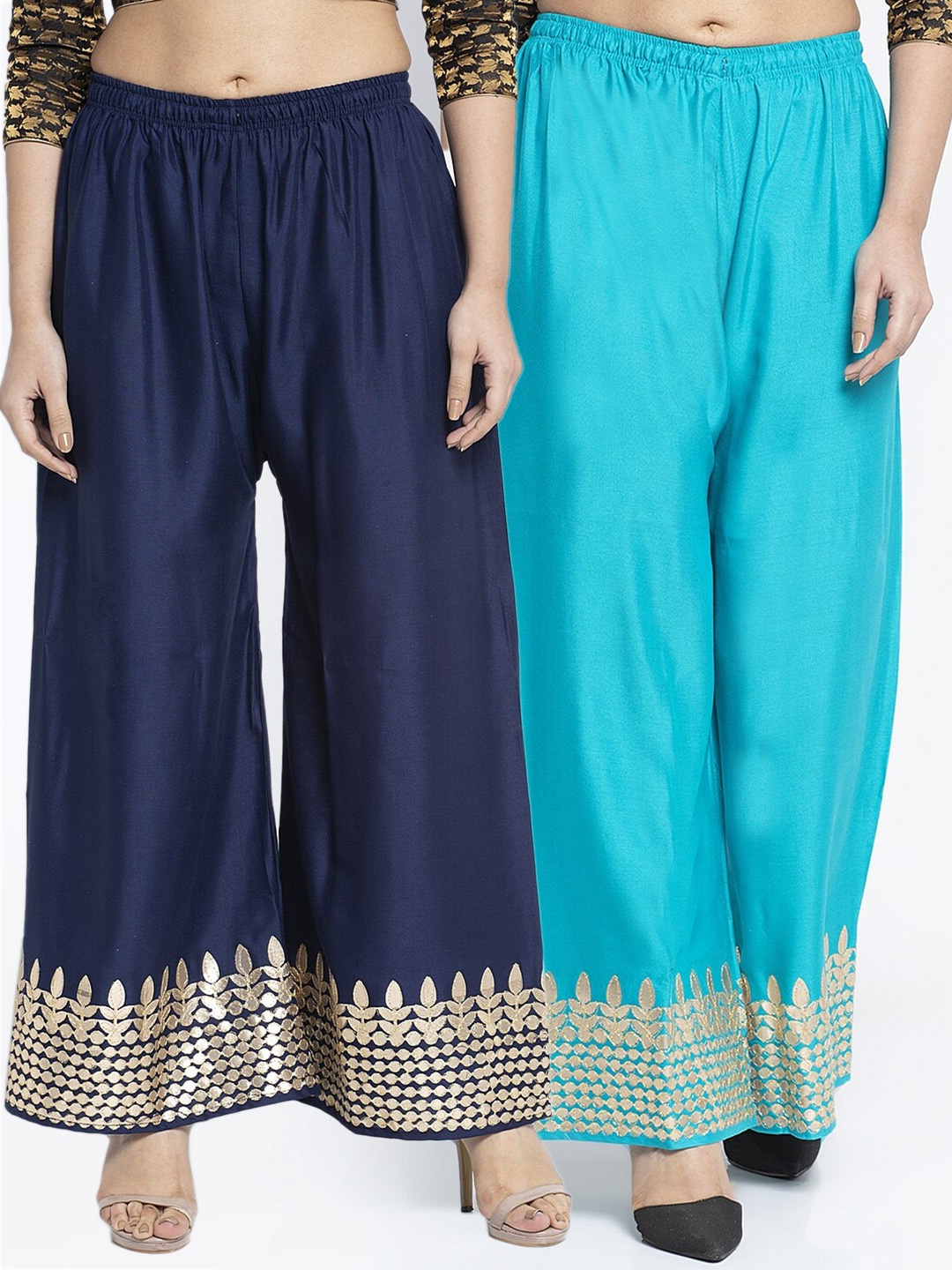 

GRACIT Women Pack Of 2 Navy Blue & Blue Floral Printed Flared Knitted Palazzos