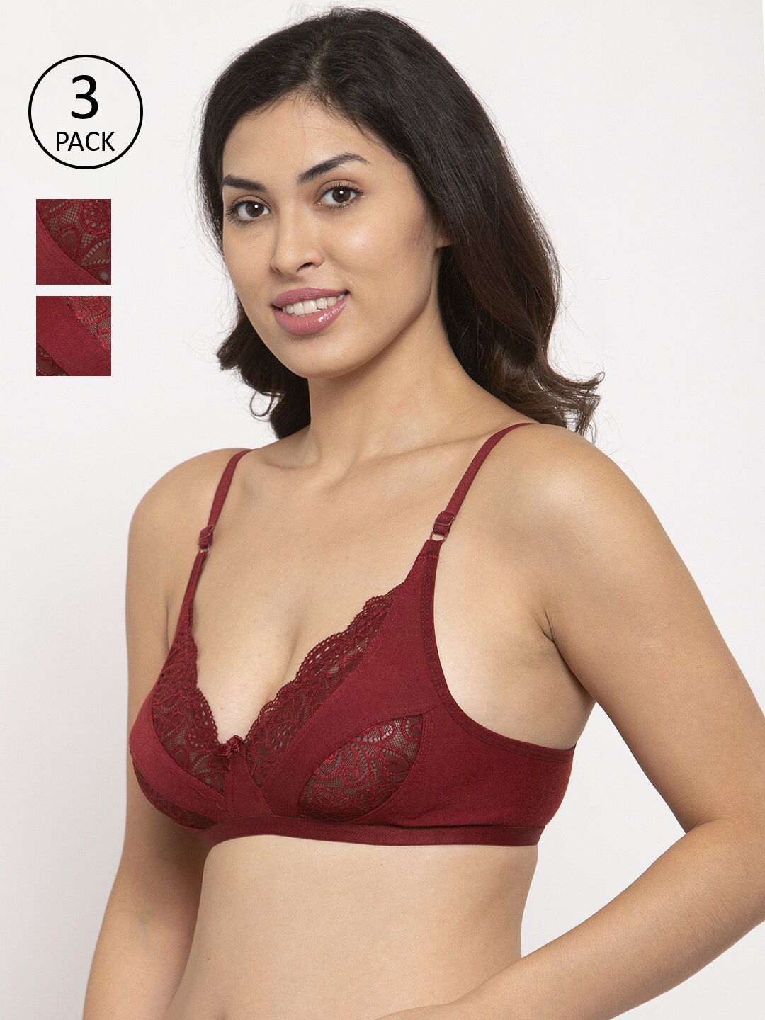 

Innocence Maroon Pack Of 3 Floral Lace Bra