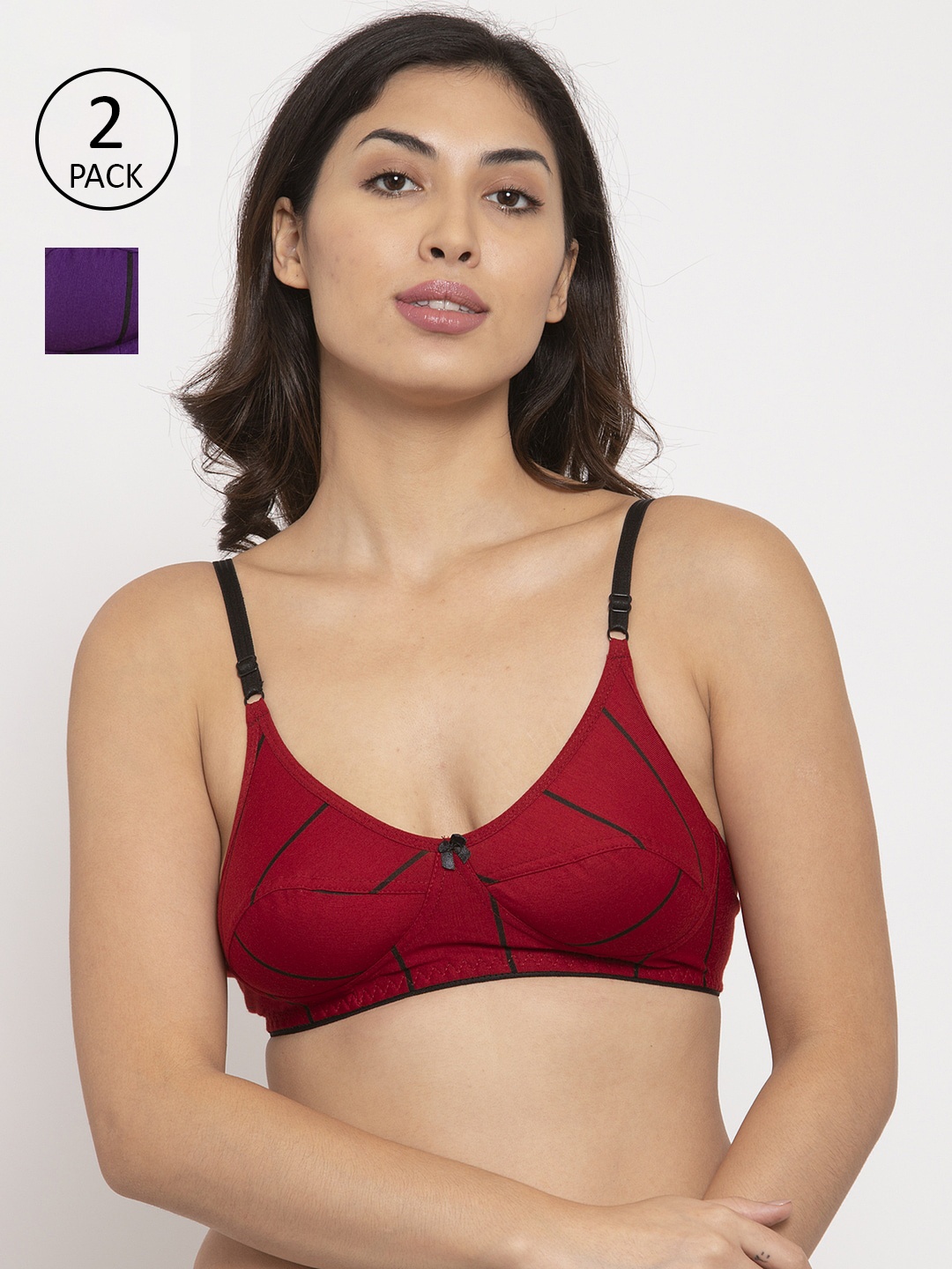 

Innocence Pack of 2 Maroon & Black Printed Non Wired Full Coverage Everyday Bra