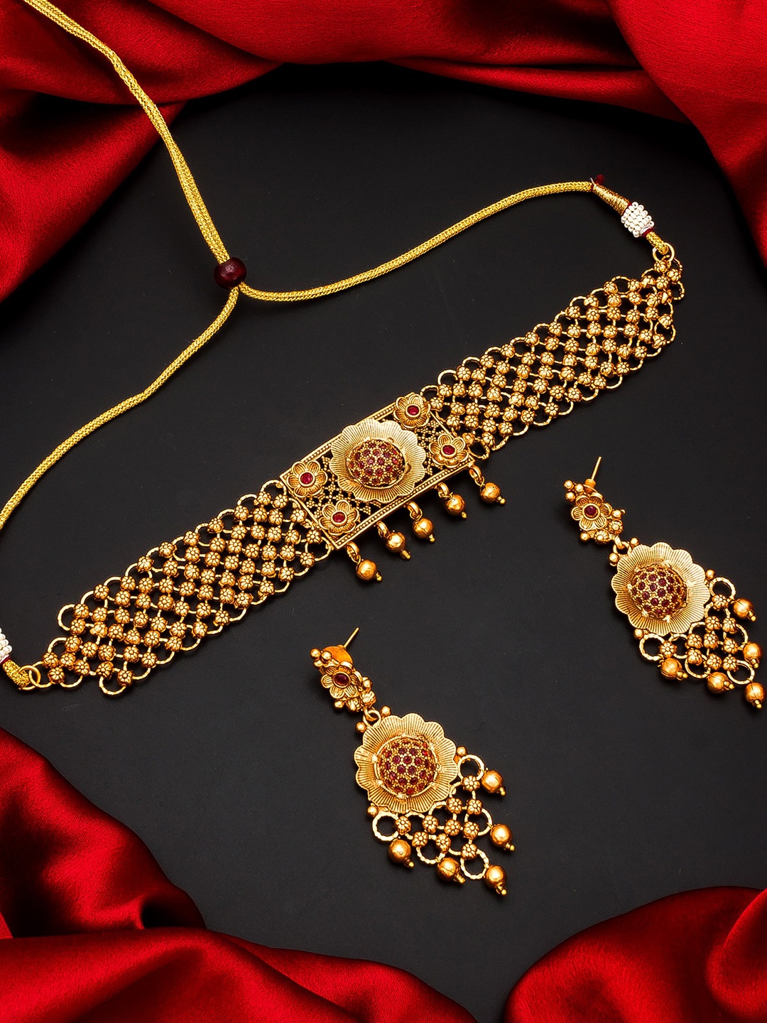 

aadita Gold-Plated Pink Stone-Studded Beaded Temple Jewellery Set