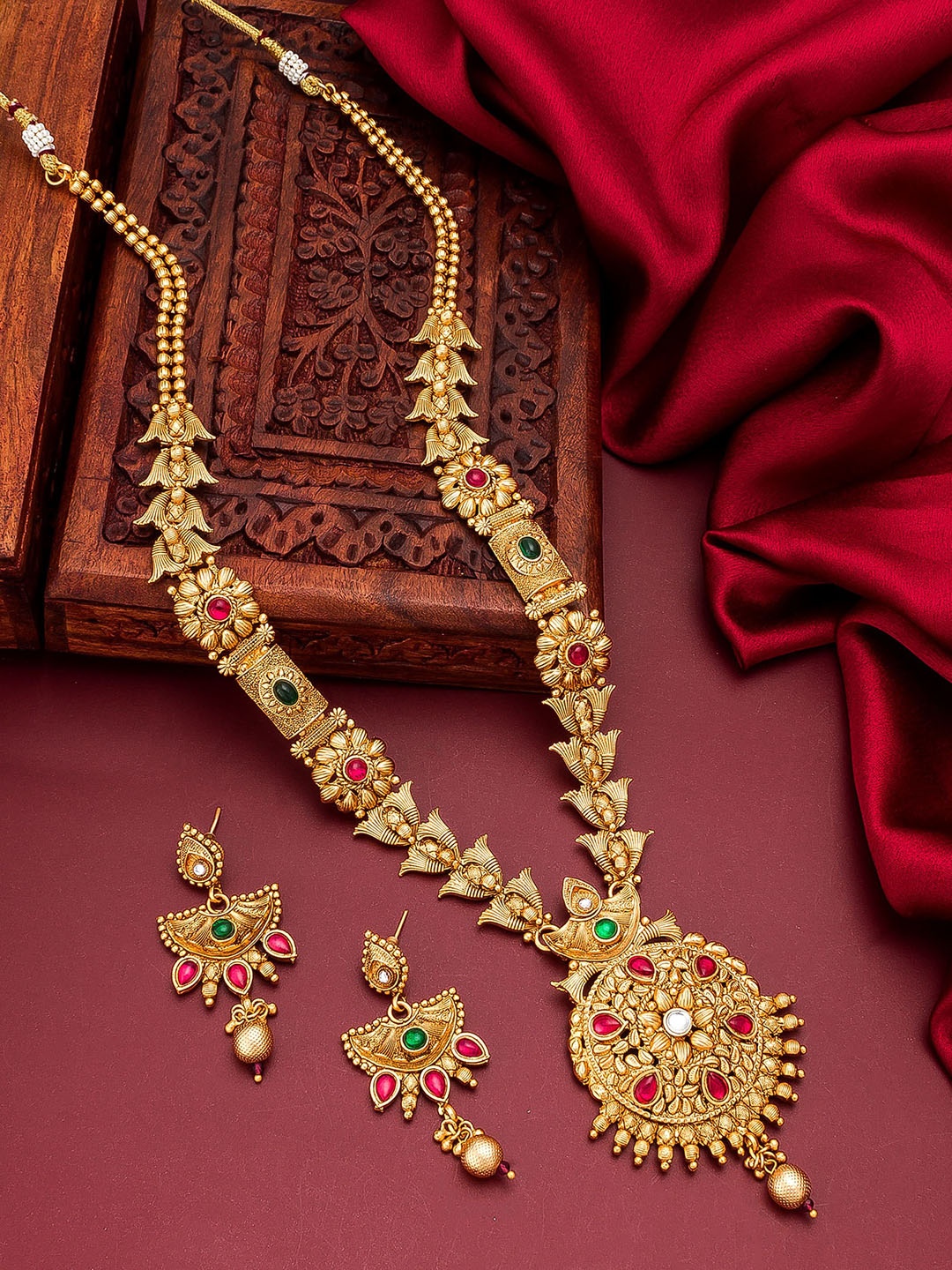 

aadita Gold-Plated Pink & Green Stone-Studded Beaded Temple Jewellery Set