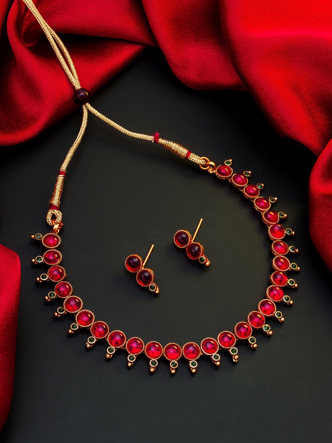 

aadita Gold-Plated Pink & Green Stone-Studded Beaded Choker Set