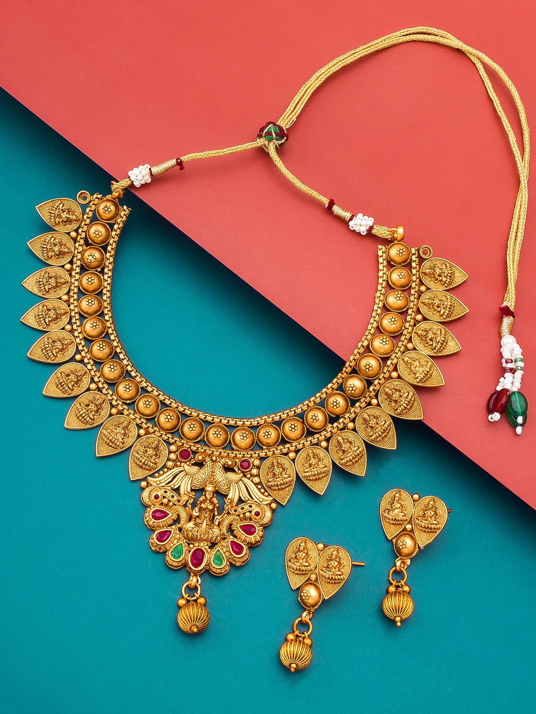 

aadita Woman Gold-Plated Pink & Green Stone Studded Temple Jewellery Set