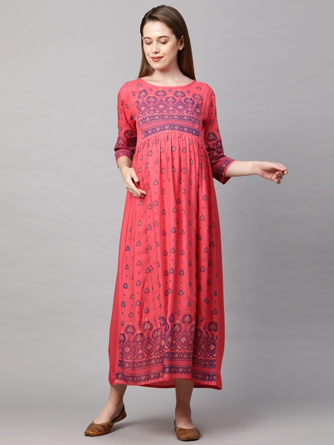 

MomToBe Peach-Coloured Ethnic Motifs Maternity Maxi Nursing Dress