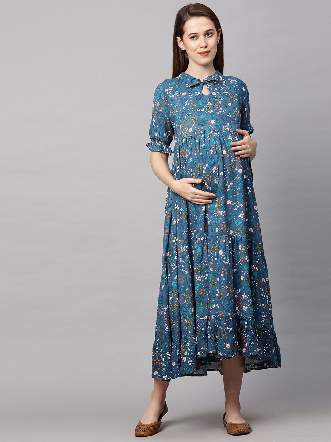

MomToBe Blue Floral Maternity Maxi Nursing Sustainable Dress