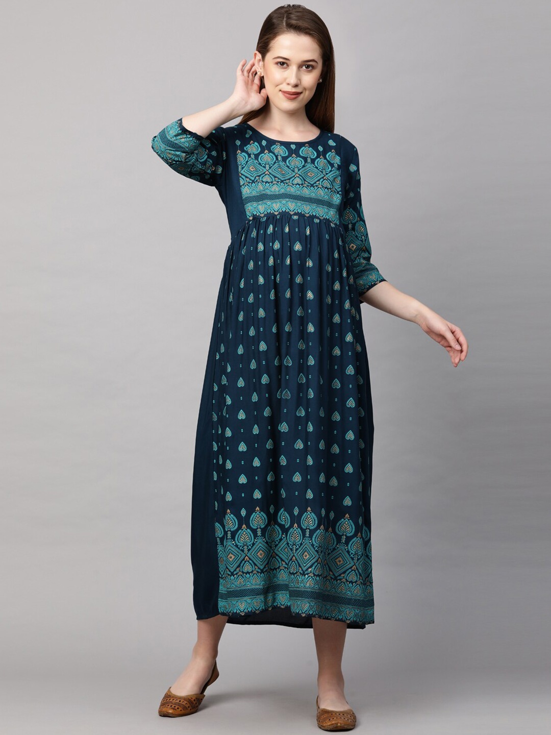 

MomToBe Teal & Blue Ethnic Motifs Nursing A-Line Maxi Dress