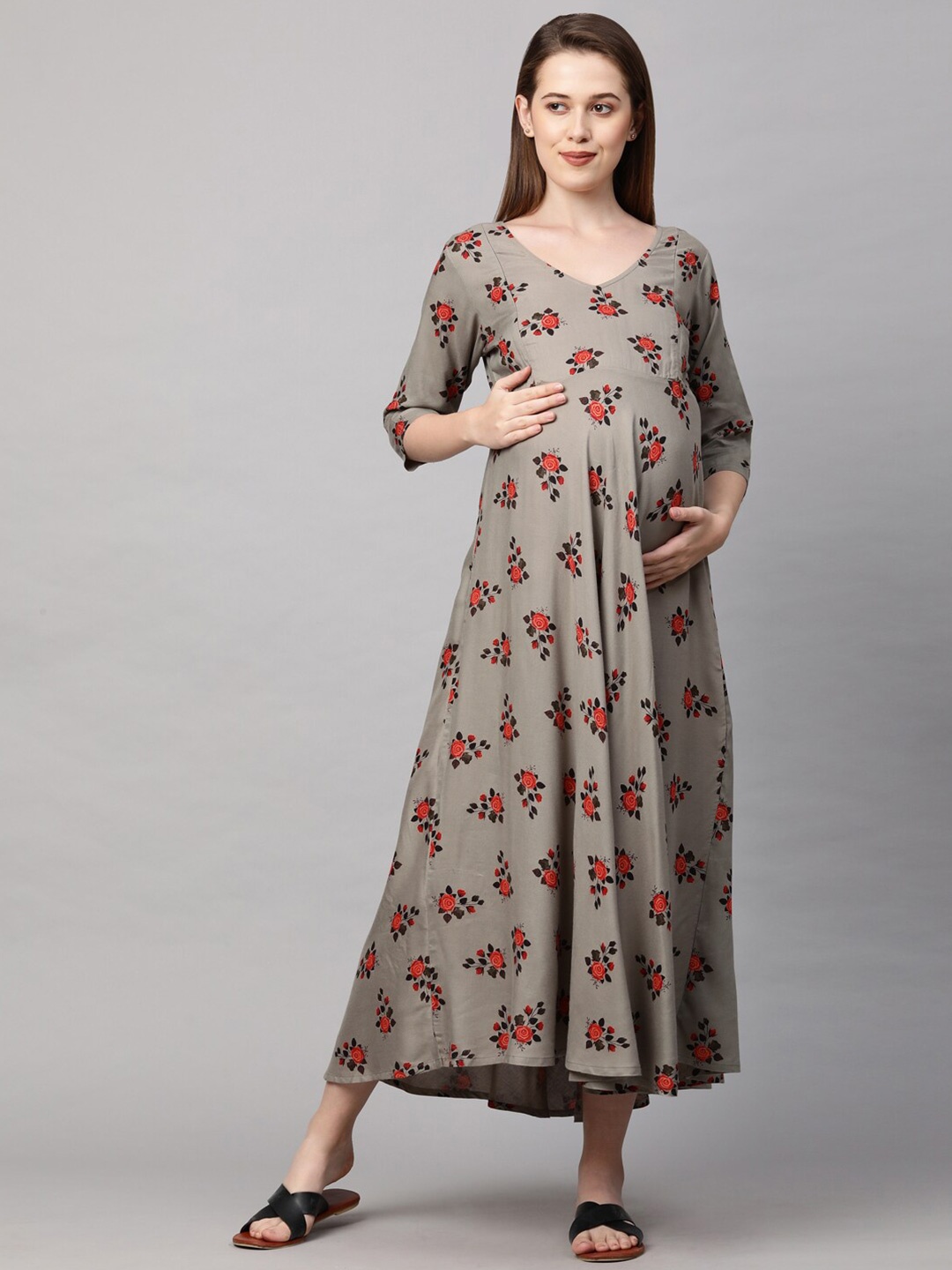 

MomToBe Women Beige Floral Printed Maternity Nursing Maxi Dress