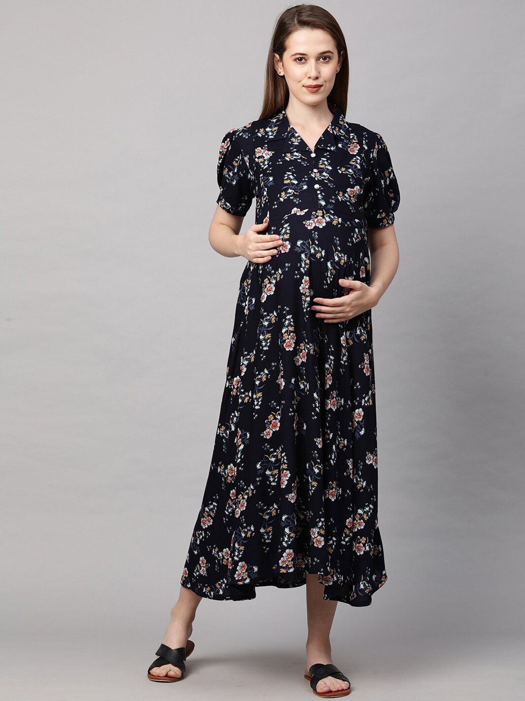 

MomToBe Navy Blue Floral Maternity Fit & Flare Midi Nursing Sustainable Dress