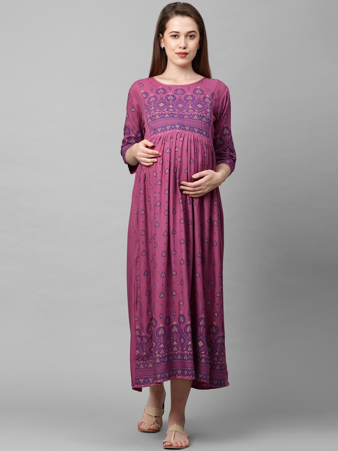 

MomToBe Purple Ethnic Motifs Maternity Maxi Nursing Dress