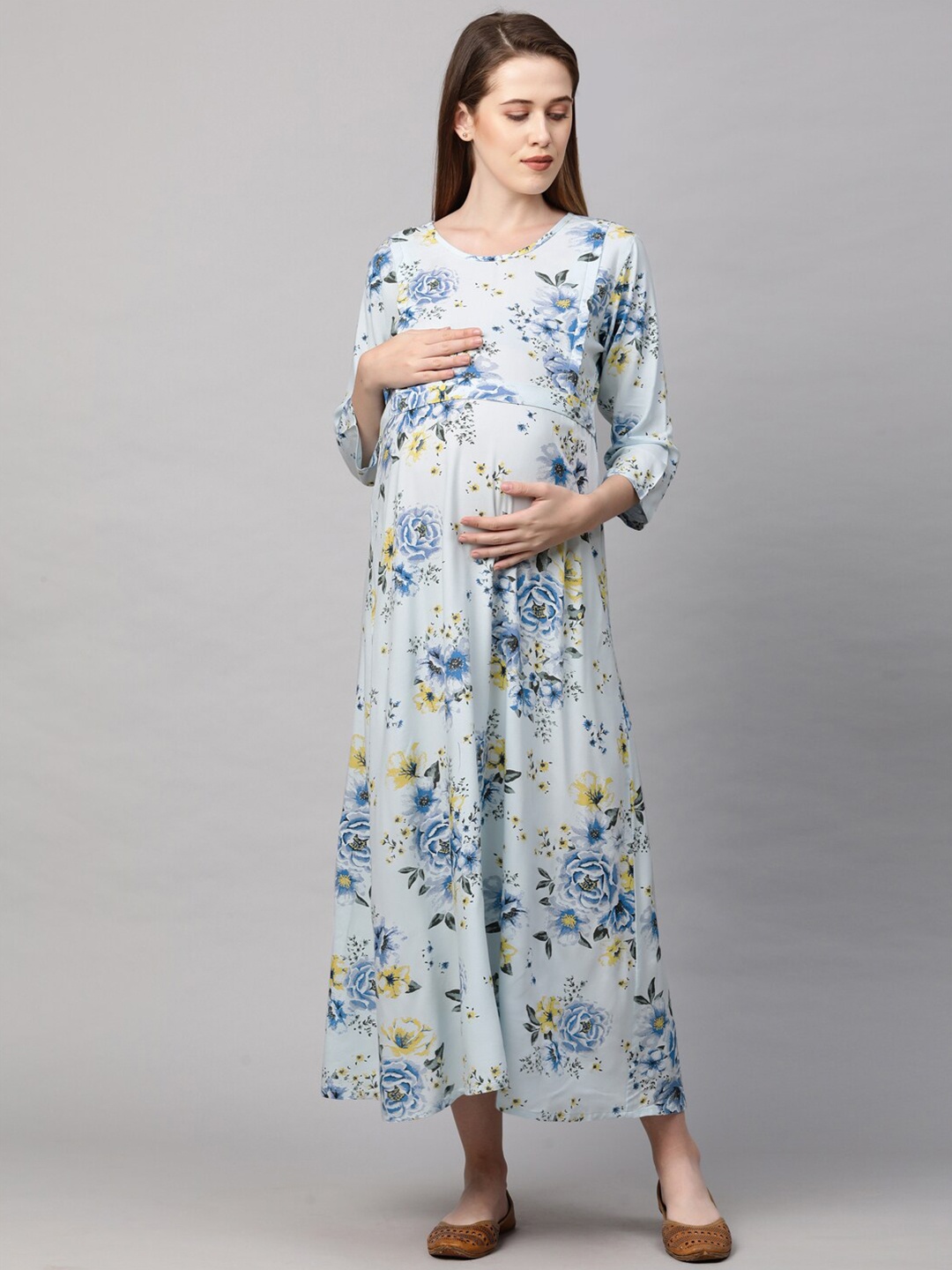 

MomToBe Blue & Yellow Floral Printed Maternity Nursing Maxi Dress