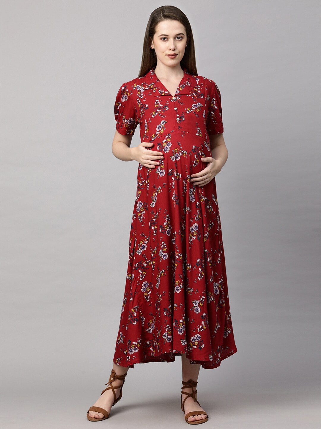 

MomToBe Women Red Floral Maternity Nursing Maxi Sustainable Dress