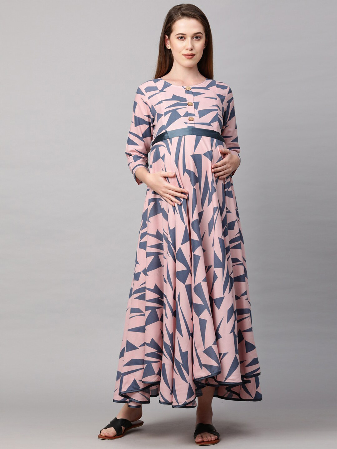 

MomToBe Pink & Grey Printed Maternity Nursing Maxi Dress