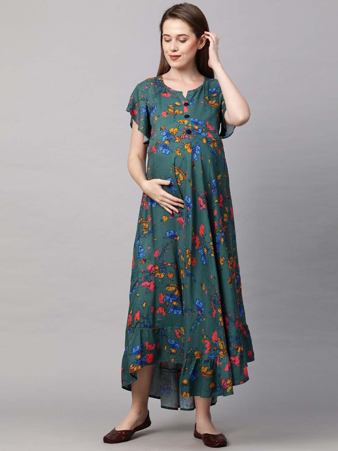 

MomToBe Green Floral Printed Maternity Nursing Maxi Sustainable Dress
