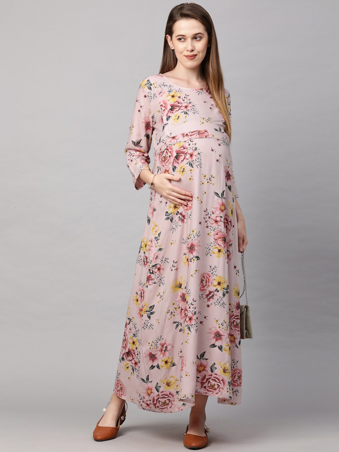 

MomToBe Peach-Coloured Floral Maternity Maxi Nursing Sustainable Dress