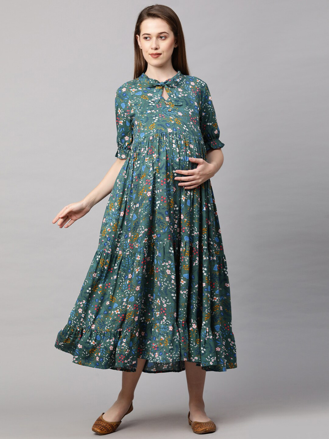 

MomToBe Green Floral Maternity Maxi Nursing Sustainable Dress