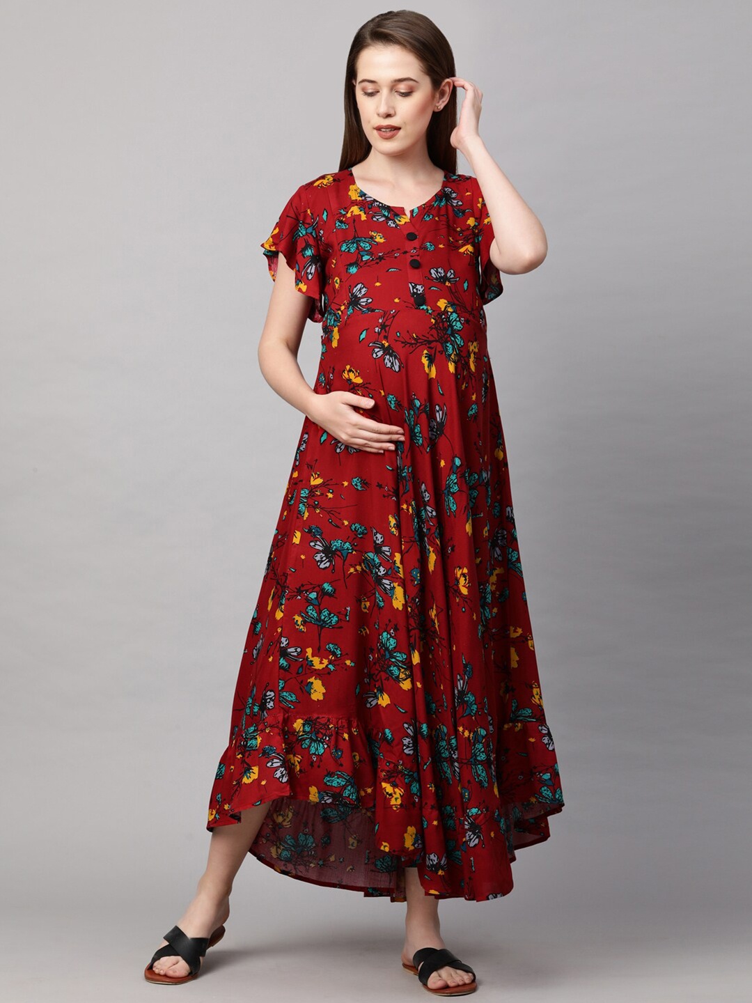 

MomToBe Red Floral Maternity Maxi Nursing Sustainable Dress