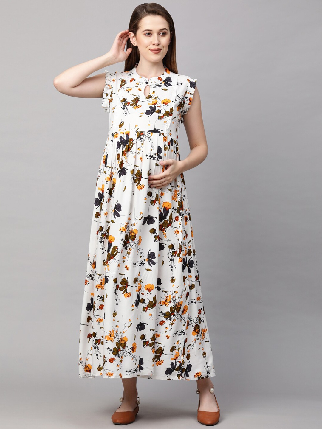 

MomToBe White Floral Printed Maternity Nursing Maxi Sustainable Dress
