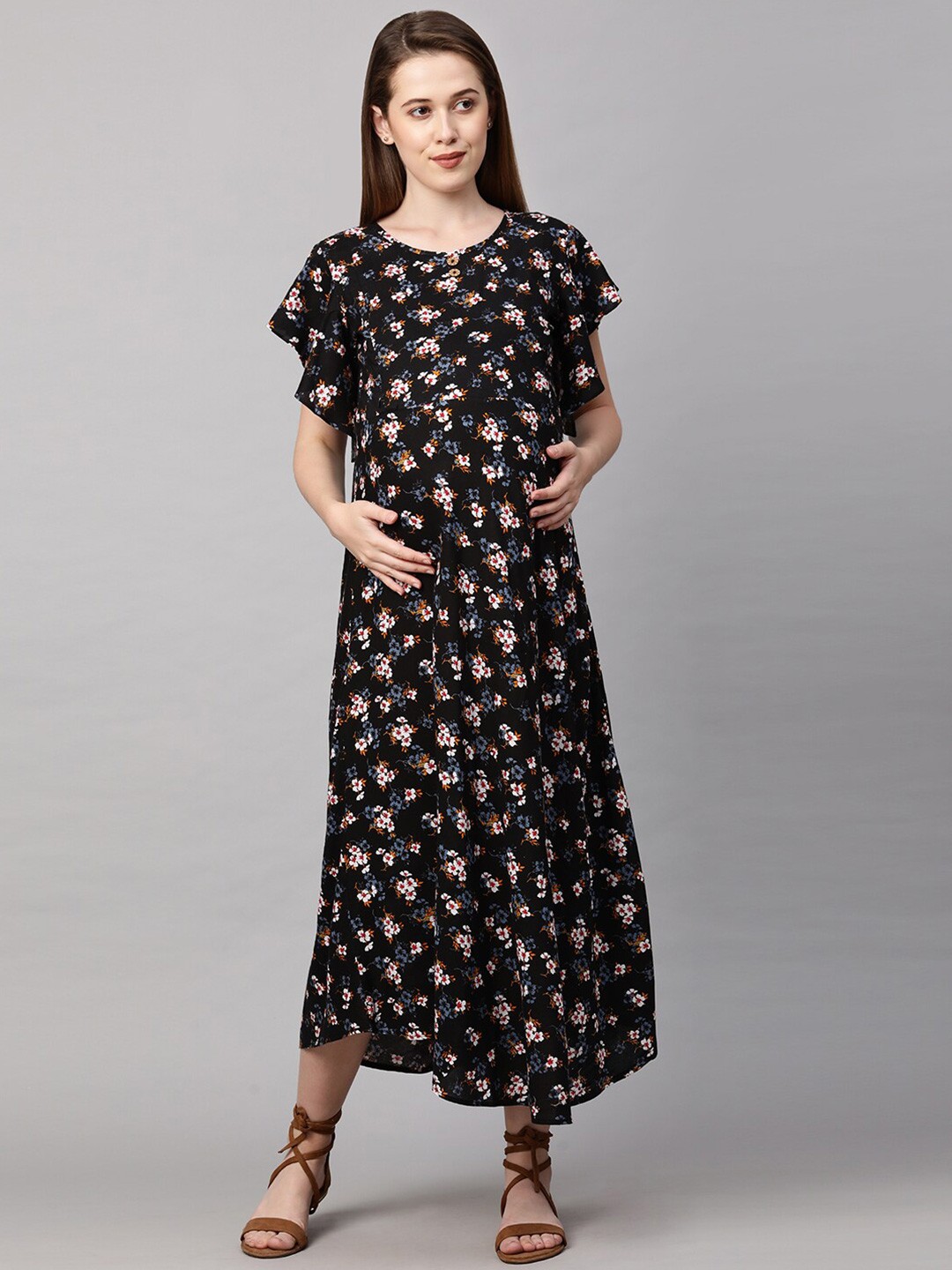 

MomToBe Women Black & Blue Floral Maternity Nursing Maxi Sustainable Dress
