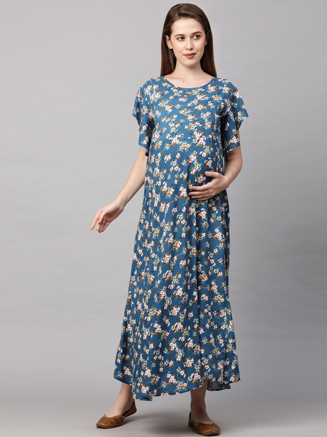 

MomToBe Teal Blue & Off White Floral Printed Maternity Nursing Maxi Sustainable Dress