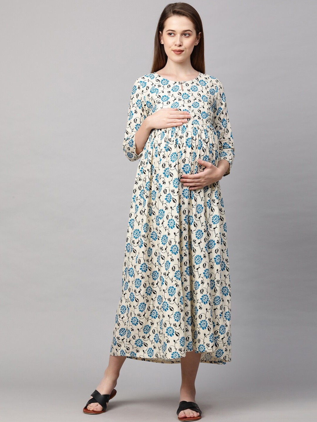 

MomToBe Cream-Coloured & Blue Floral Printed Maternity Nursing Maxi Dress