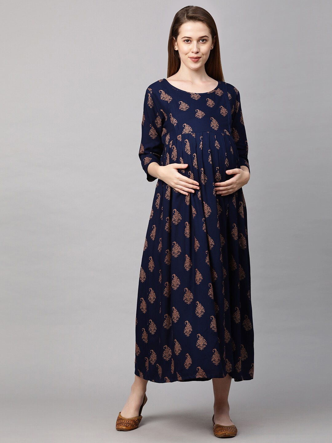 

MomToBe Women Navy Blue & Beige Floral Maternity Nursing Midi Dress