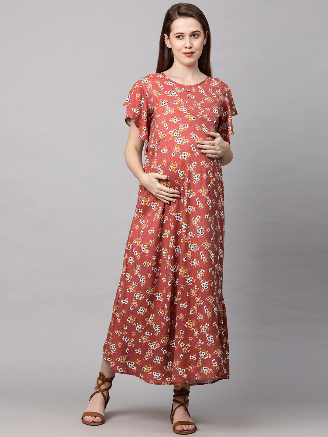 

MomToBe Orange Floral Maternity Maxi Nursing Dress