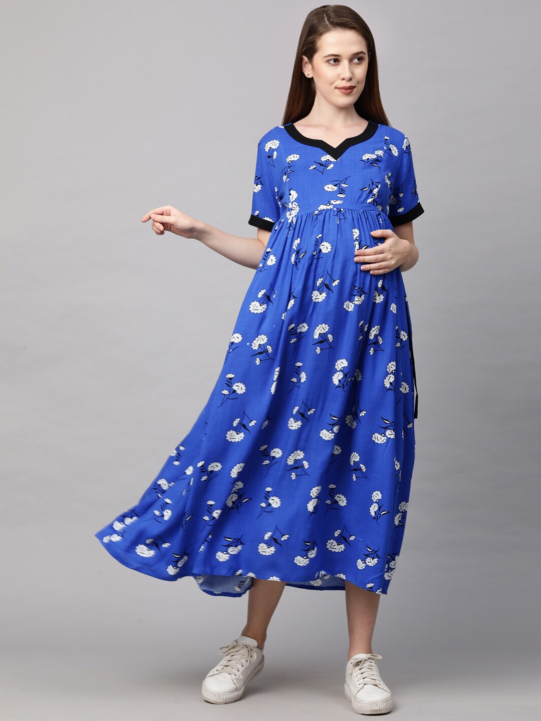 

MomToBe Blue Floral Printed Maternity Nursing Fit & Flare Midi Dress