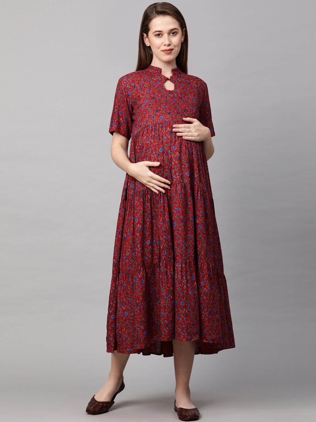 

MomToBe Women Maroon Ethnic Motifs Maternity Nursing Fit & Flare Midi Sustainable Dress