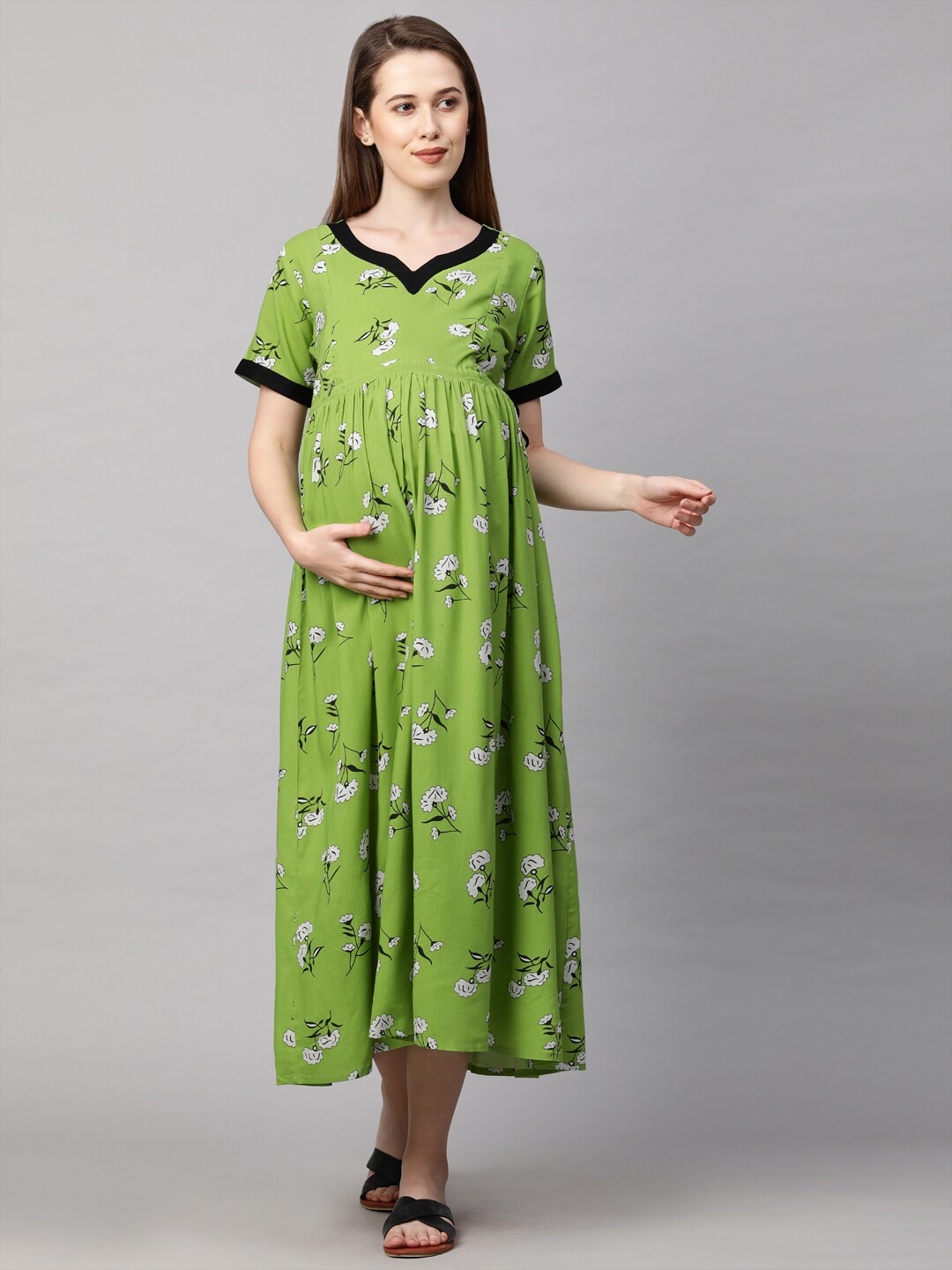 

MomToBe Green & White Floral Maternity Empire Midi Nursing Dress